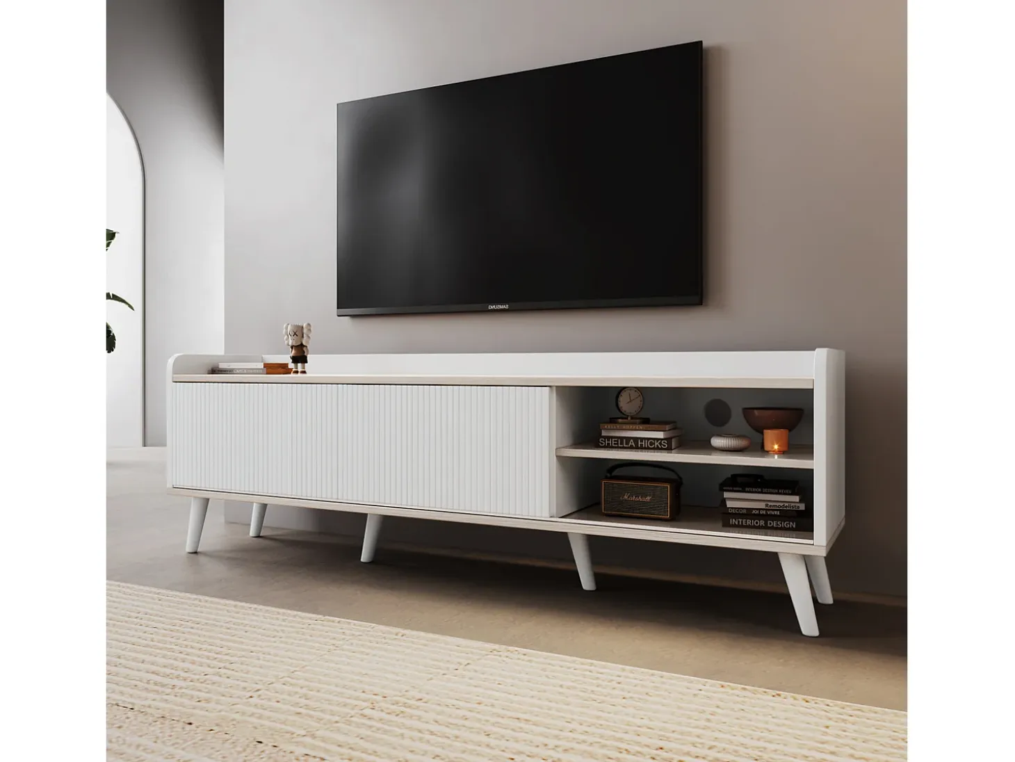 Mueble de TV de 160 cm en blanco y madera, con 2 cajones y 2 puertas, patas de madera - para salón y oficina