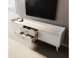 Mueble de TV de 160 cm en blanco y madera, con 2 cajones y 2 puertas, patas de madera - para salón y oficina