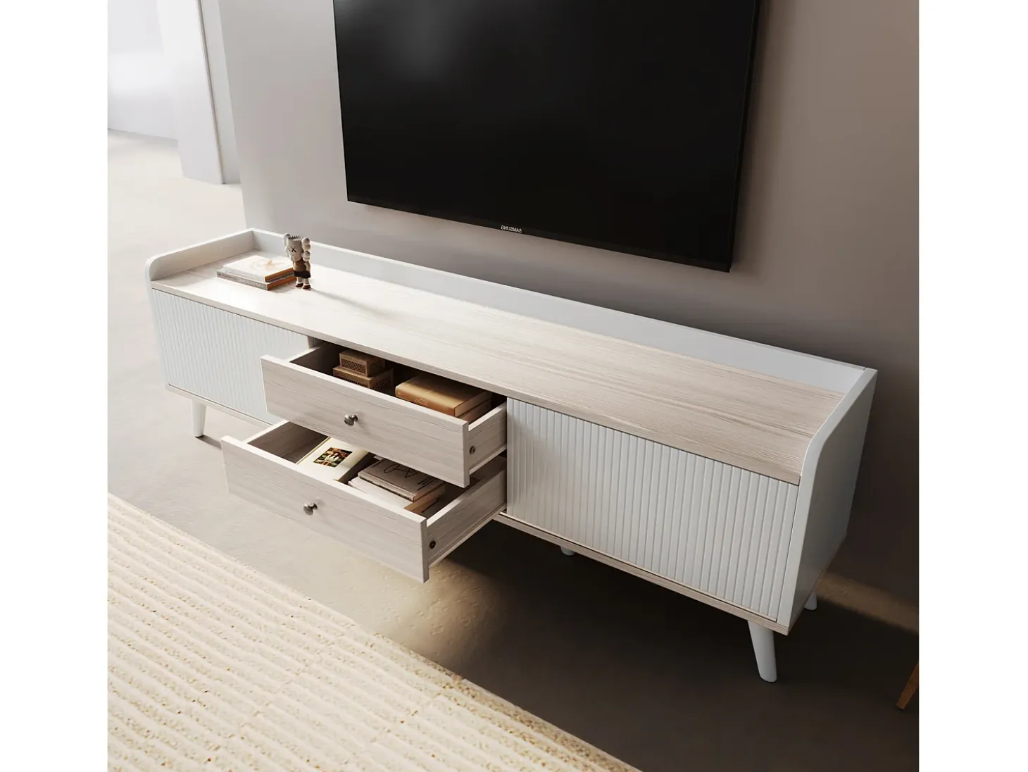 Mueble de TV de 160 cm en blanco y madera, con 2 cajones y 2 puertas, patas de madera - para salón y oficina