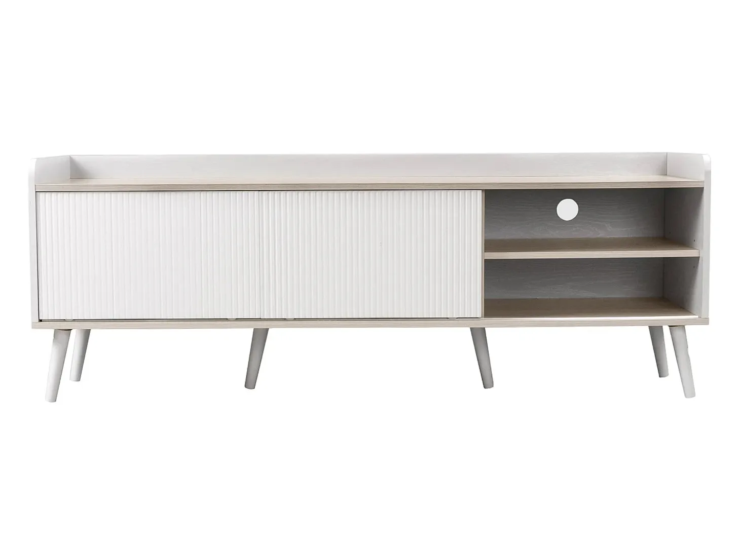 Mueble de TV de 160 cm en blanco y madera, con 2 cajones y 2 puertas, patas de madera - para salón y oficina