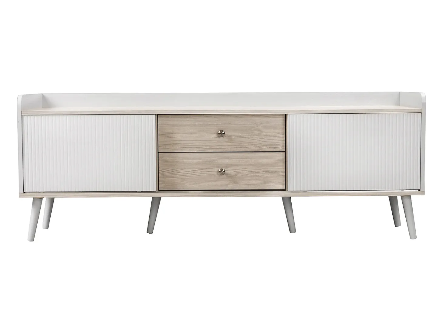Mueble de TV de 160 cm en blanco y madera, con 2 cajones y 2 puertas, patas de madera - para salón y oficina