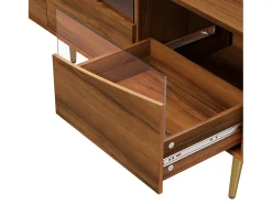 Mueble de TV de 180 cm, mueble de TV color natural con 4 cajones, iluminación LED y patas metálicas doradas