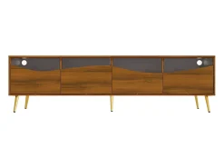 Mueble de TV de 180 cm, mueble de TV color natural con 4 cajones, iluminación LED y patas metálicas doradas