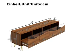 Mueble de TV de 180 cm, mueble de TV color natural con 4 cajones, iluminación LED y patas metálicas doradas