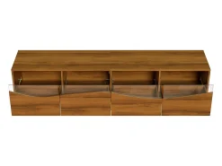 Mueble de TV de 180 cm, mueble de TV color natural con 4 cajones, iluminación LED y patas metálicas doradas