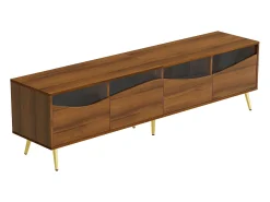 Mueble de TV de 180 cm, mueble de TV color natural con 4 cajones, iluminación LED y patas metálicas doradas