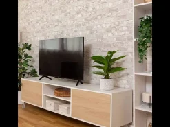 Mueble de TV de Diseño Nórdico, 2 Compartimentos de Almacenamiento y 2 Puertas, Cambria - Blanco, 49cm (Alto)x 180cm (Ancho) x 40cm (Fondo) - Meyvaser