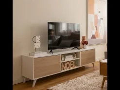 Mueble de TV de Diseño Nórdico, 2 Compartimentos de Almacenamiento y 2 Puertas, Cambria - Blanco, 49cm (Alto)x 180cm (Ancho) x 40cm (Fondo) - Meyvaser
