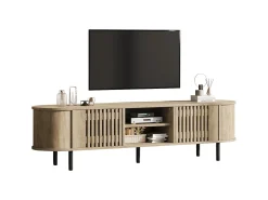 Mueble de TV de madera calada - 160 x 40 x 47 cm - con 2 puertas + estante - para TV de 65 pulgadas - MDF - natural