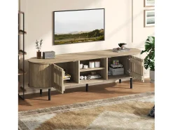 Mueble de TV de madera calada - 160 x 40 x 47 cm - con 2 puertas + estante - para TV de 65 pulgadas - MDF - natural