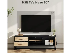 Mueble de TV de madera con armario, compartimentos abiertos, 2 cajones y estante ajustable.