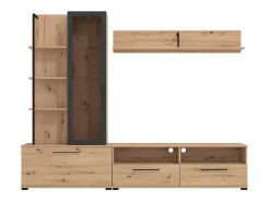 Mueble de TV de pared - 3 puertas, 1 puerta de cristal, 2 huecos y 7 estantes - Color: Roble y negro - DUBLIN