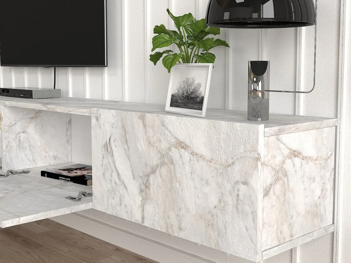 Mueble de TV de pared con 3 puertas - Efecto mármol blanco - VIKILA