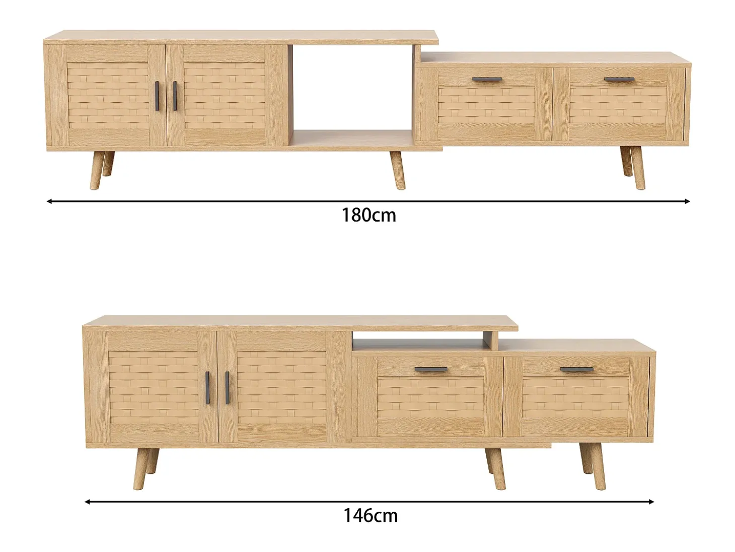 Mueble de TV extensible de 146 a 180 cm, con 2 cajones, 2 puertas y espacio de almacenamiento. Ideal para salón o dormitorio. Fabricado en madera.