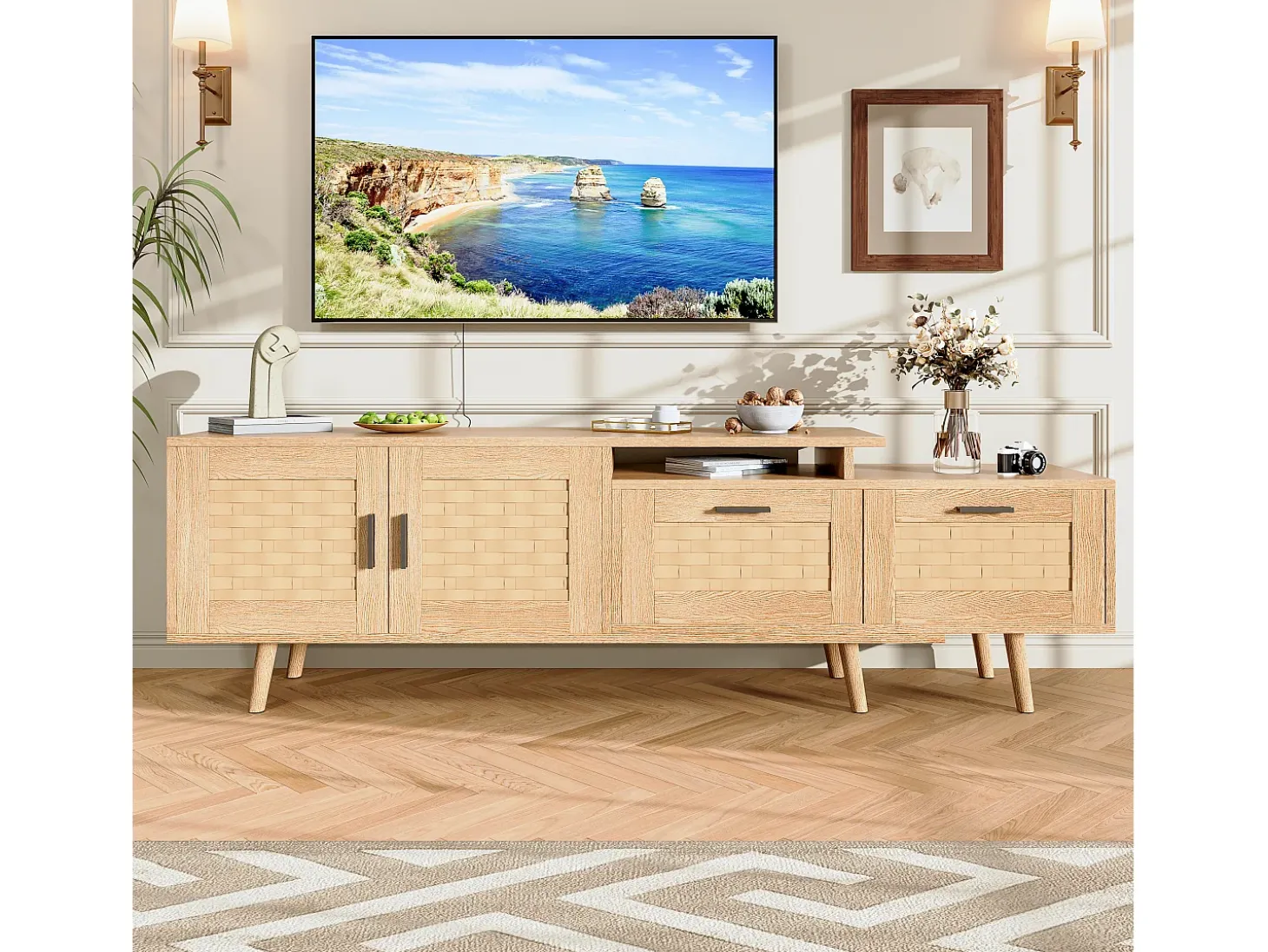 Mueble de TV extensible de 146 a 180 cm, con 2 cajones, 2 puertas y espacio de almacenamiento. Ideal para salón o dormitorio. Fabricado en madera.