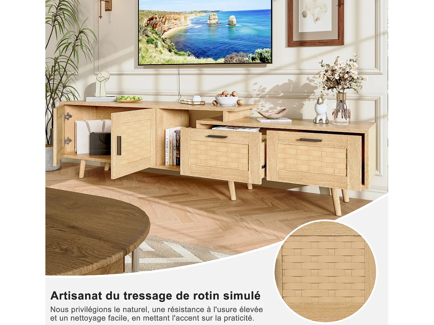 Mueble de TV extensible de 146 a 180 cm, con 2 cajones, 2 puertas y espacio de almacenamiento. Ideal para salón o dormitorio. Fabricado en madera.
