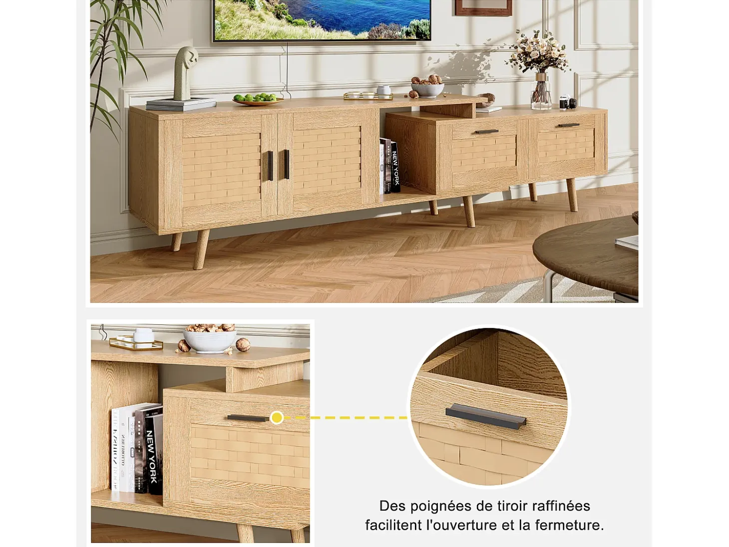Mueble de TV extensible de 146 a 180 cm, con 2 cajones, 2 puertas y espacio de almacenamiento. Ideal para salón o dormitorio. Fabricado en madera.