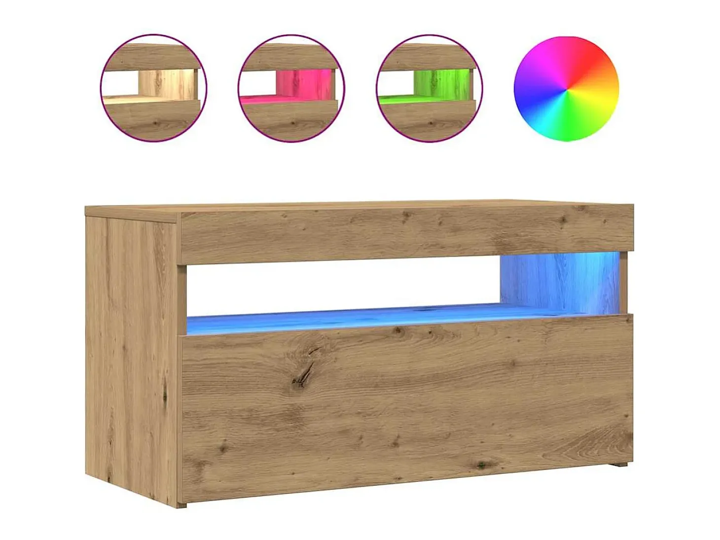 Mueble de TV luces LED madera roble artisan 75x35x40 cm