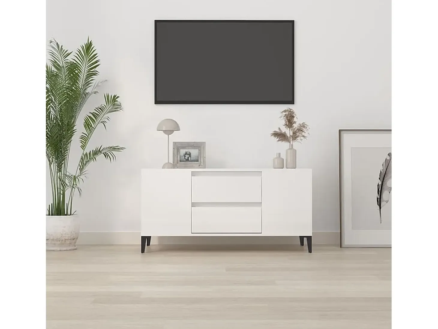Mueble de TV madera contrachapada blanco brillo 102x44,5x50 cm
