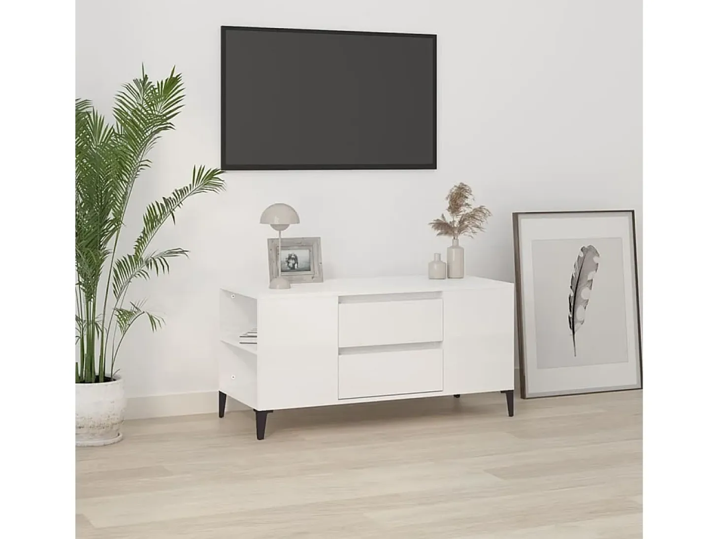 Mueble de TV madera contrachapada blanco brillo 102x44,5x50 cm
