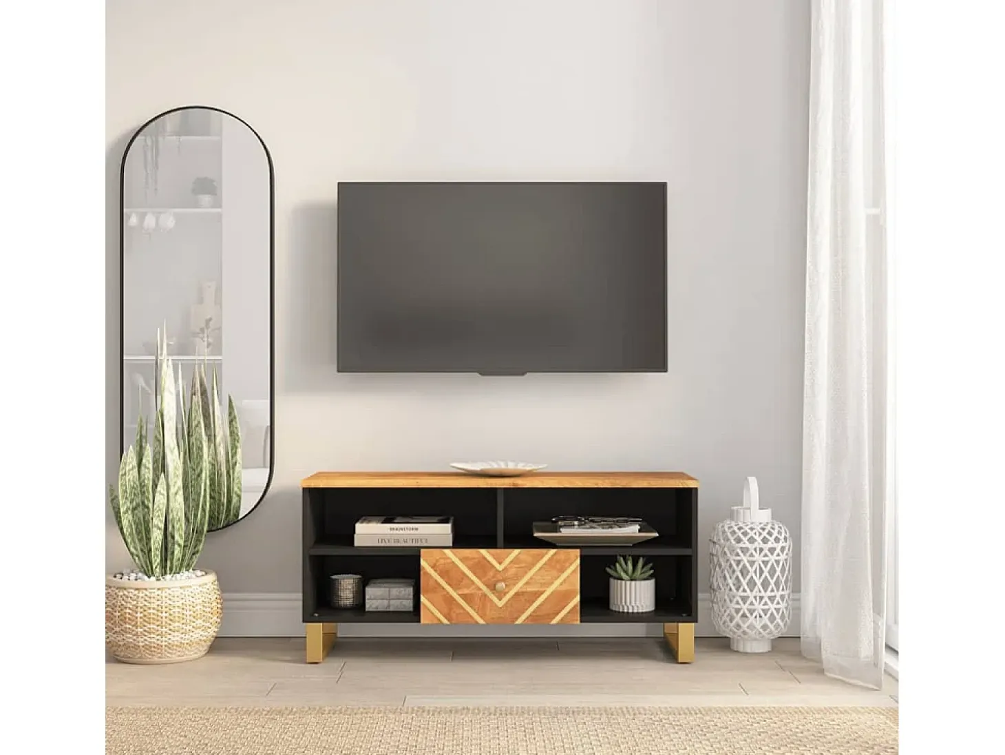 Mueble de TV madera maciza mango marrón y negro 100x33,5x46 cm