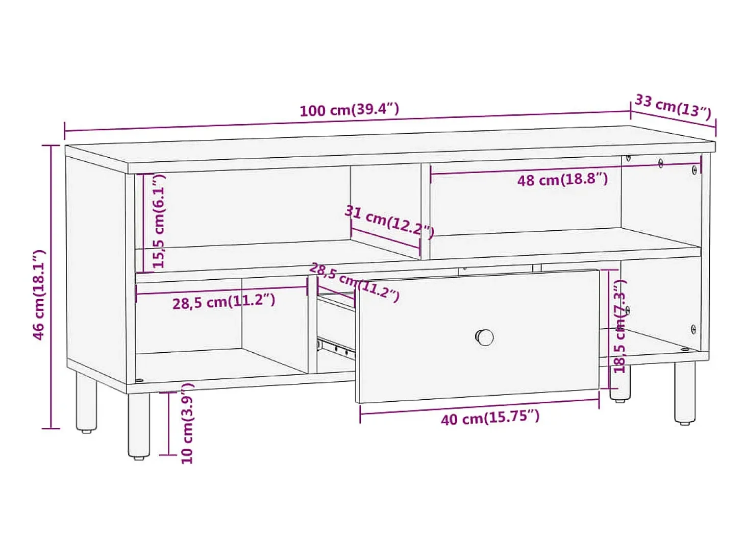 Mueble de TV madera maciza de mango 100x33x46 cm