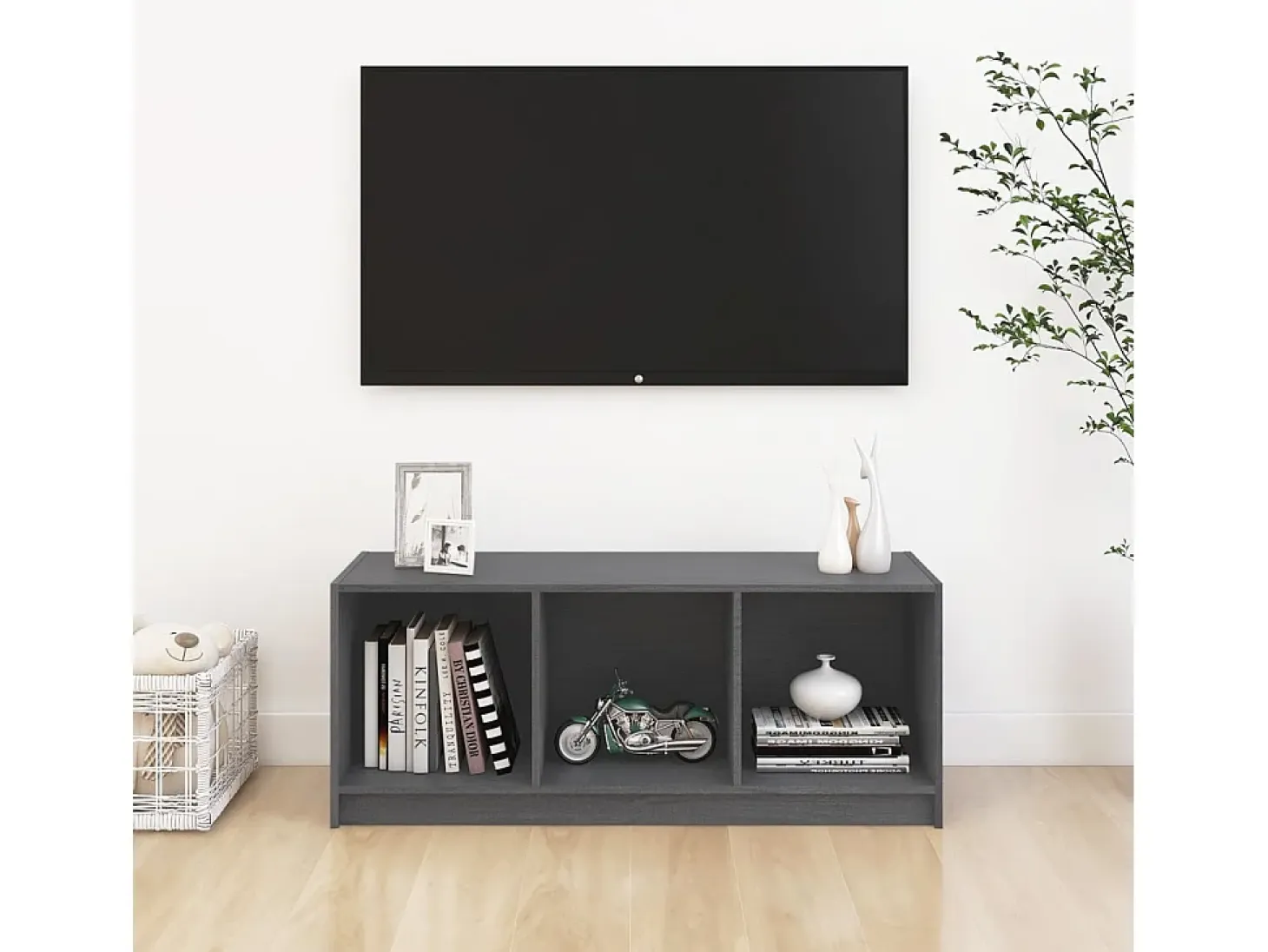 Mueble de TV madera maciza de pino gris 104x33x41 cm ES99746