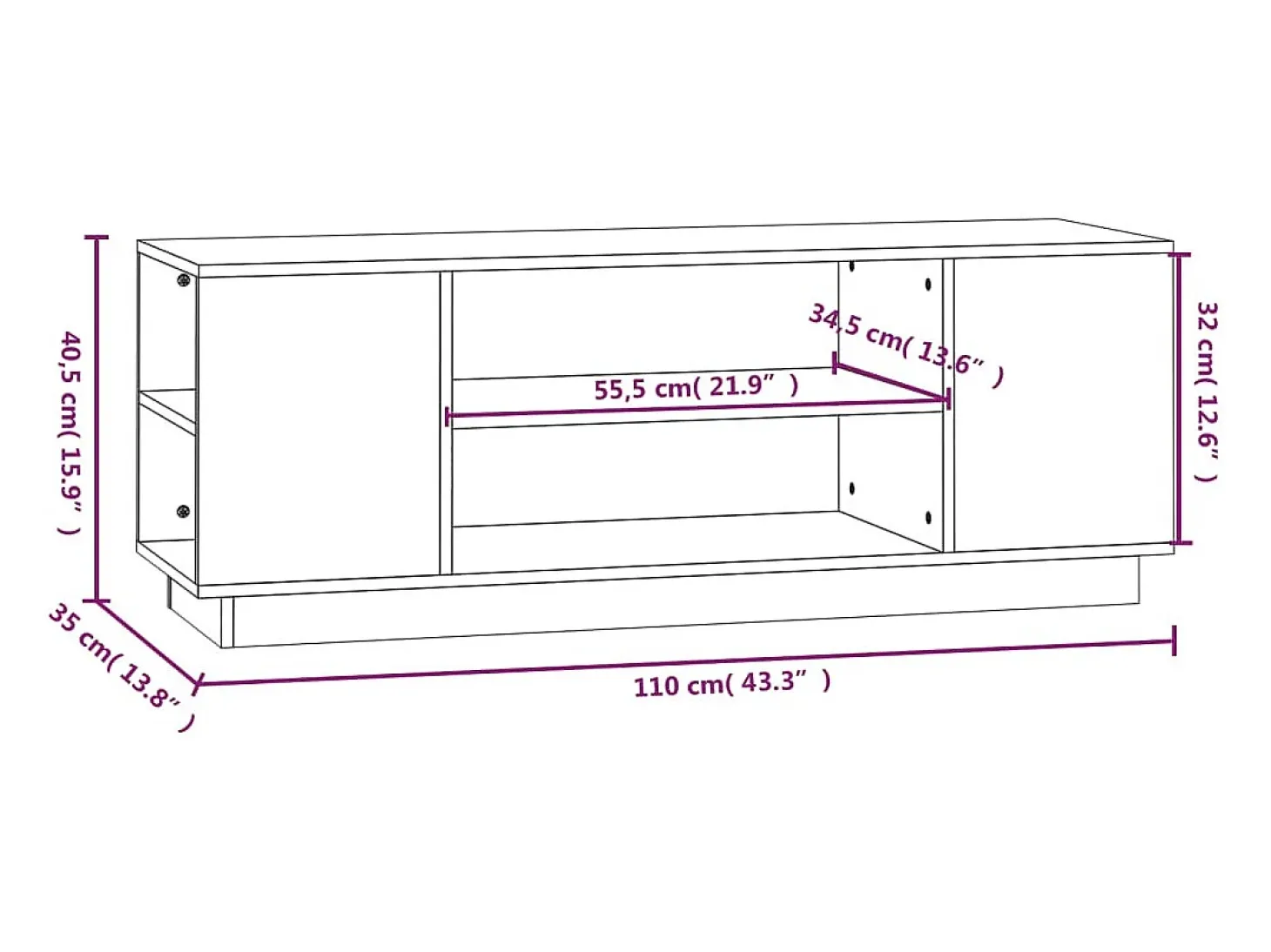 Mueble de TV madera maciza de pino blanco 110x35x40,5 cm