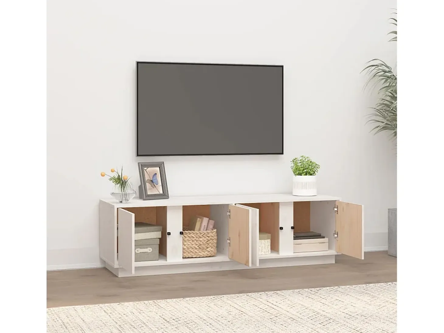 Mueble de TV madera maciza de pino blanco 140x40x40 cm