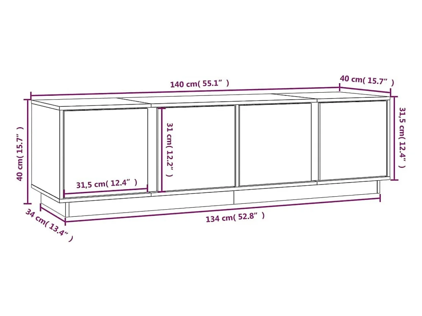 Mueble de TV madera maciza de pino blanco 140x40x40 cm