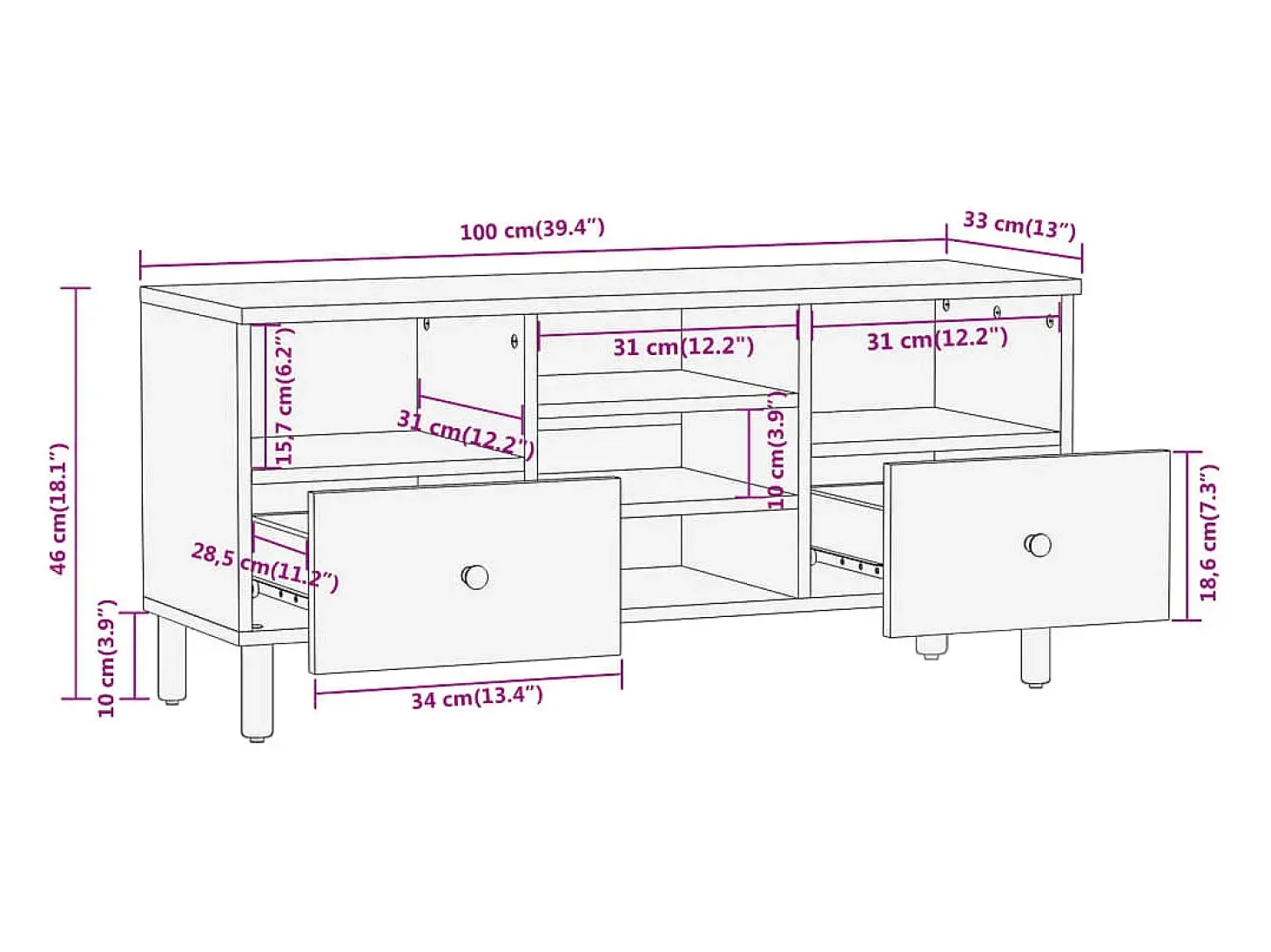 Mueble de TV madera maciza de mango 100x33x46 cm