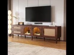 Mueble de TV marrón - Mueble de TV con 2 cajones de ratán y 3 puertas - Iluminación LED
