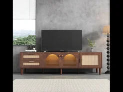 Mueble de TV marrón - Mueble de TV con 2 cajones de ratán y 3 puertas - Iluminación LED