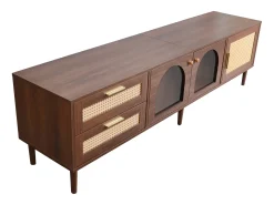 Mueble de TV marrón - Mueble de TV con 2 cajones de ratán y 3 puertas - Iluminación LED