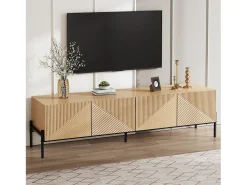 Mueble de TV moderno - 163,5 x 40 x 45 cm - con 4 puertas - diseño geométrico y textura 3D - MDF - natural