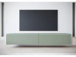 Mueble de TV moderno 180 cm para salón – 2 puertas, sin tiradores, acabado mate, para colocar o colgar, verde bruma