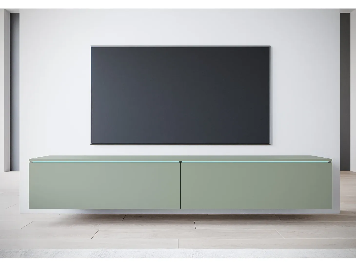Mueble de TV moderno 180 cm para salón – 2 puertas, sin tiradores, acabado mate, para colocar o colgar, verde bruma