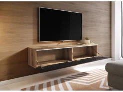 Mueble de TV moderno 140 cm con LED 2 puertas, sin tiradores, cuerpo roble wotan, frentes negro brillo, de pie o suspendido