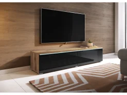Mueble de TV moderno 140 cm con LED 2 puertas, sin tiradores, cuerpo roble wotan, frentes negro brillo, de pie o suspendido