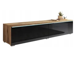 Mueble de TV moderno 140 cm con LED 2 puertas, sin tiradores, cuerpo roble wotan, frentes negro brillo, de pie o suspendido
