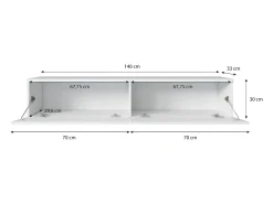 Mueble de TV moderno 140 cm con LED 2 puertas, sin tiradores, cuerpo roble wotan, frentes negro brillo, de pie o suspendido