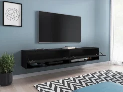 Mueble de TV moderno 180 cm con LED sin tiradores – negro mate colgante o de pie
