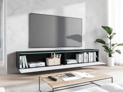 Mueble de TV moderno 180 cm para salón – sin tiradores, acabado mate, de pie o colgante, cuerpo negro mate / frentes MDF en espiga roble wotan