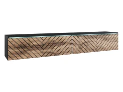 Mueble de TV moderno 180 cm para salón – sin tiradores, acabado mate, de pie o colgante, cuerpo negro mate / frentes MDF en espiga roble wotan
