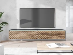 Mueble de TV moderno 180 cm para salón – sin tiradores, acabado mate, de pie o colgante, cuerpo negro mate / frentes MDF en espiga roble wotan