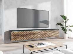 Mueble de TV moderno 180 cm para salón – sin tiradores, acabado mate, de pie o colgante, cuerpo negro mate / frentes MDF en espiga roble wotan