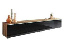 Mueble de TV moderno 180 cm para salón – 2 puertas, sin tiradores, mate + brillo, para colocar o colgar, roble wotan / negro brillo