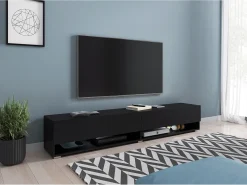 Mueble de TV moderno 180 cm – sin tiradores, color negro, mate, de pie o colgado