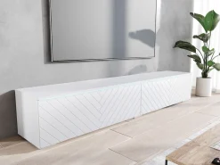 Mueble de TV moderno 180 cm con LED para salón – 2 puertas, sin tiradores, blanco mate, de pie o suspendido, frentes MDF espiga