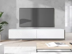 Mueble de TV moderno 180 cm con LED para salón – 2 puertas, sin tiradores, blanco mate, de pie o suspendido, frentes MDF espiga